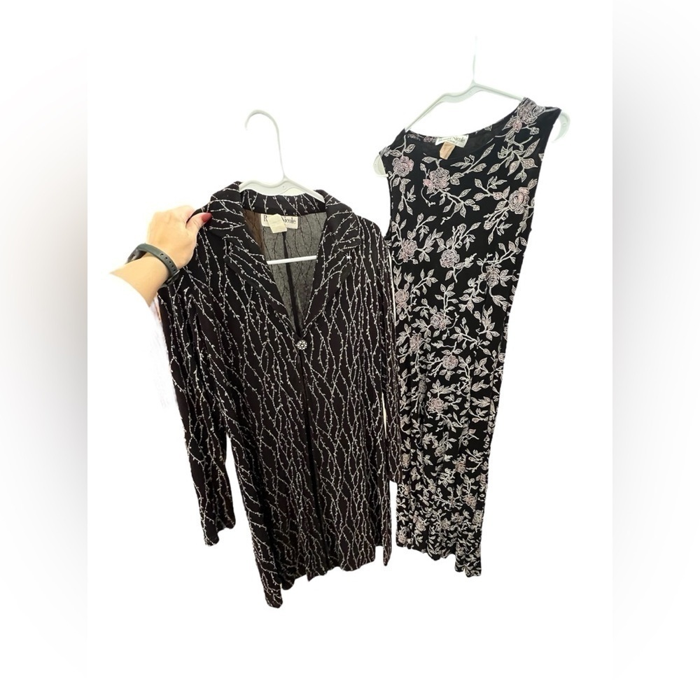 Vintage 90s Glitter Black Floral Formal Maxi Dress Set Size 8/10